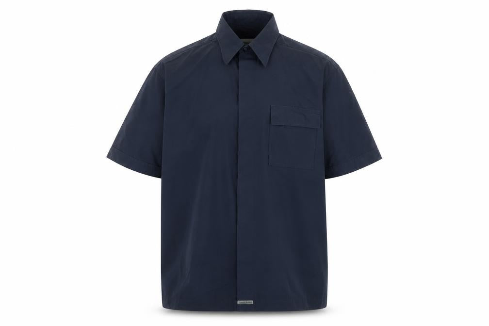 Front view of Thomas Browne Men's Navy Blue Short Sleeve Cotton Blend Button-Up Shirt M