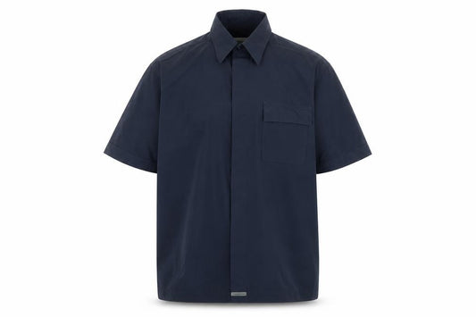 Front view of Thomas Browne Men's Navy Blue Short Sleeve Cotton Blend Button-Up Shirt M