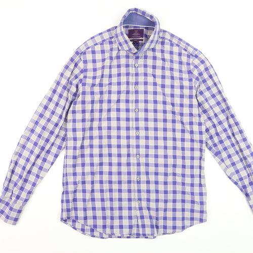 Hawes & Curtis Men's Blue Check Slim Fit Long Sleeve Dress Shirt L 37