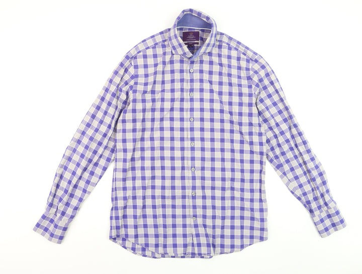 Hawes & Curtis Men's Blue Check Slim Fit Long Sleeve Dress Shirt L 37