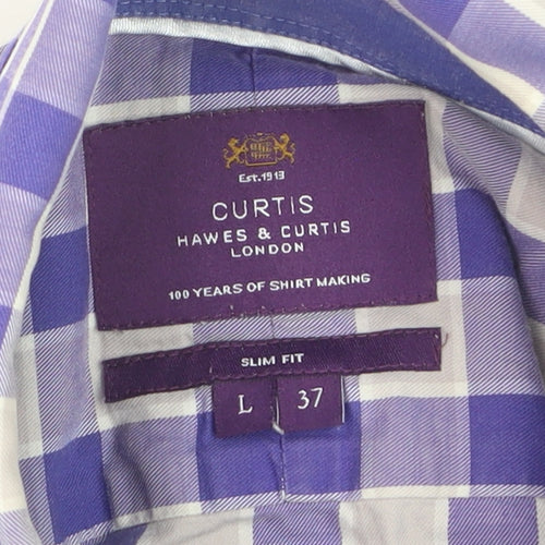 Hawes & Curtis Men's Blue Check Slim Fit Long Sleeve Dress Shirt L 37