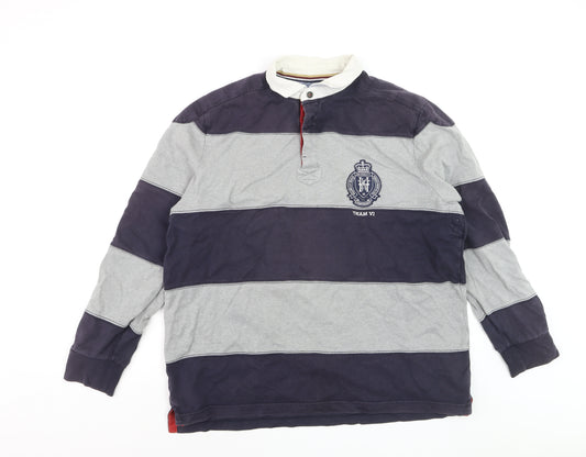 Howick Men's Grey Striped Long Sleeve Rugby Polo Shirt XL