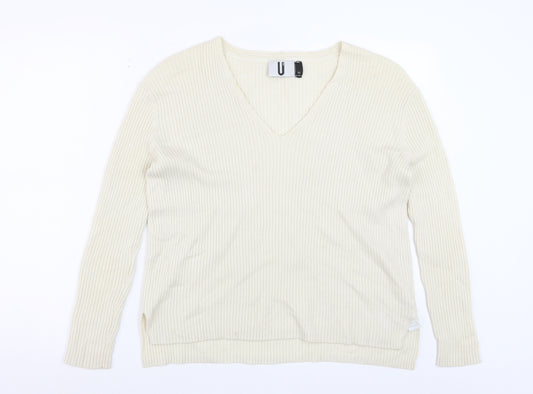 Topshop Women Ivory Wool Cashmere V-Neck Long Sleeve Pullover Jumper S