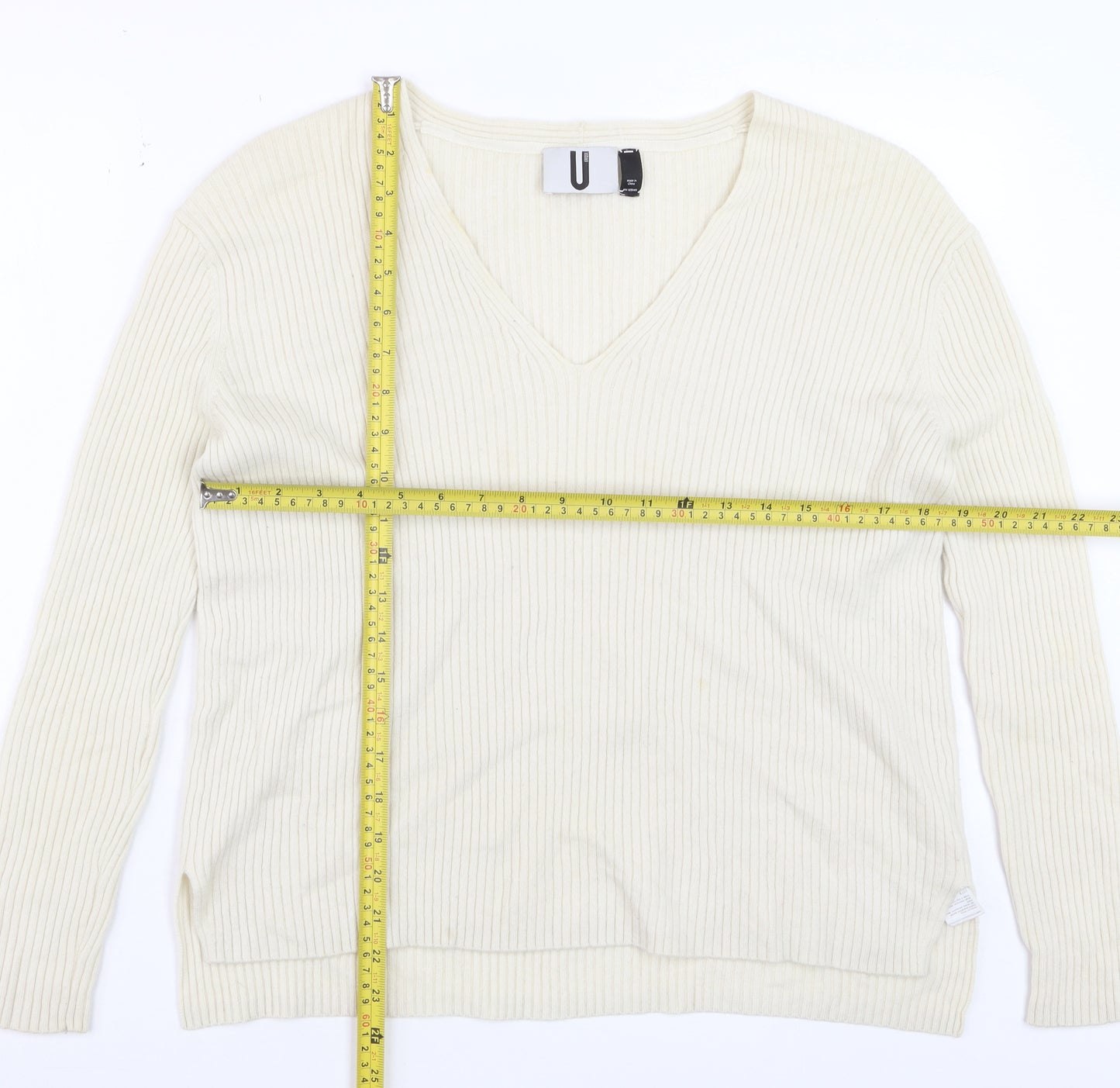 Topshop Women Ivory Wool Cashmere V-Neck Long Sleeve Pullover Jumper S