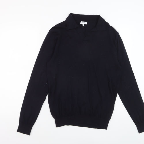 Reiss Mens Black Merino Wool Collared Pullover Jumper L