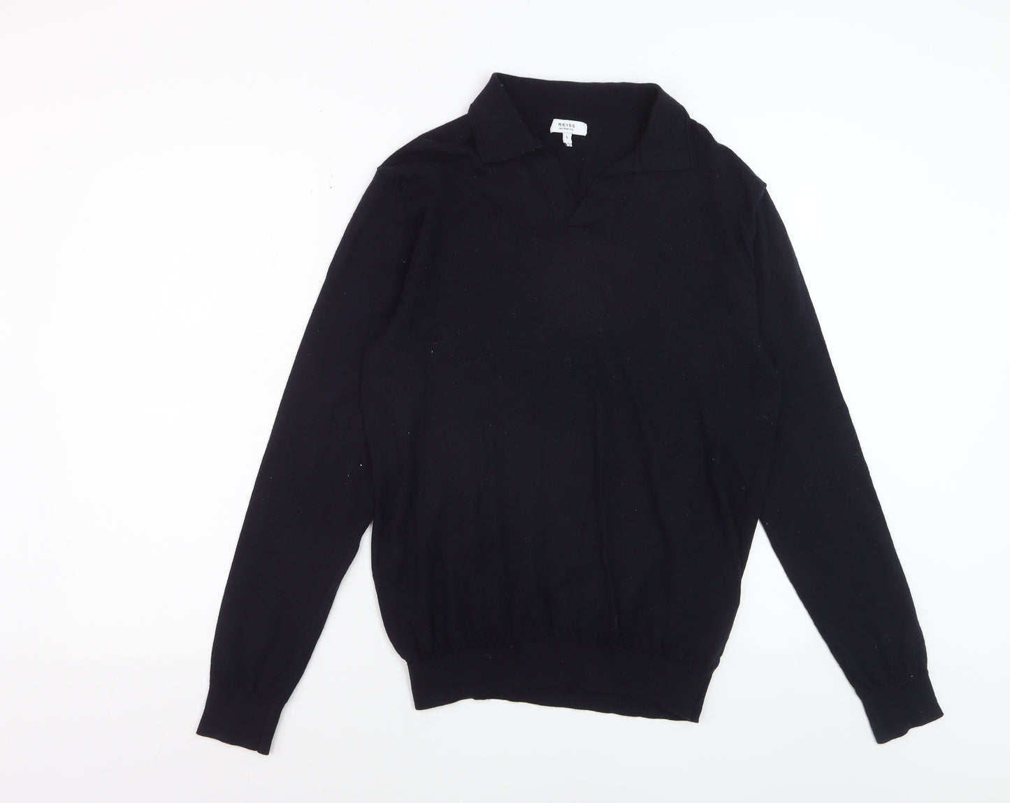 Reiss Mens Black Merino Wool Collared Pullover Jumper L