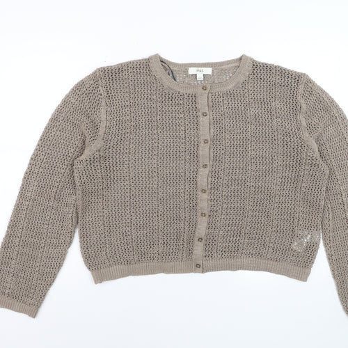 Marks and Spencer Women Beige L Open-Knit Cotton Blend Cardigan