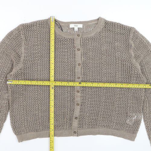Marks and Spencer Women Beige L Open-Knit Cotton Blend Cardigan