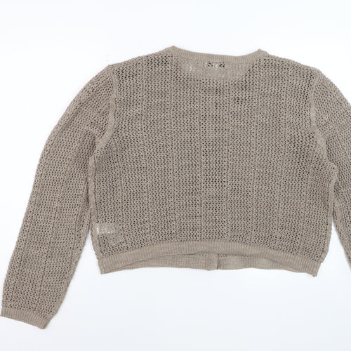 Marks and Spencer Women Beige L Open-Knit Cotton Blend Cardigan