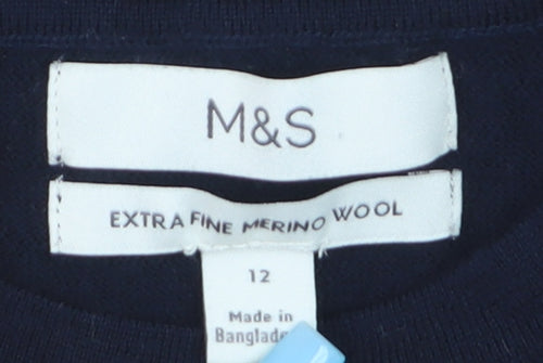 Marks and Spencer Women's Blue Merino Wool Crew Neck Jumper Size 12