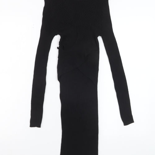 ZARA Women Black XS Bodycon Knit Cut Out Long Sleeve Midi Dress
