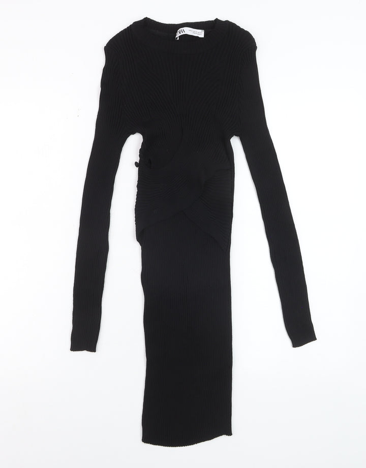 ZARA Women Black XS Bodycon Knit Cut Out Long Sleeve Midi Dress
