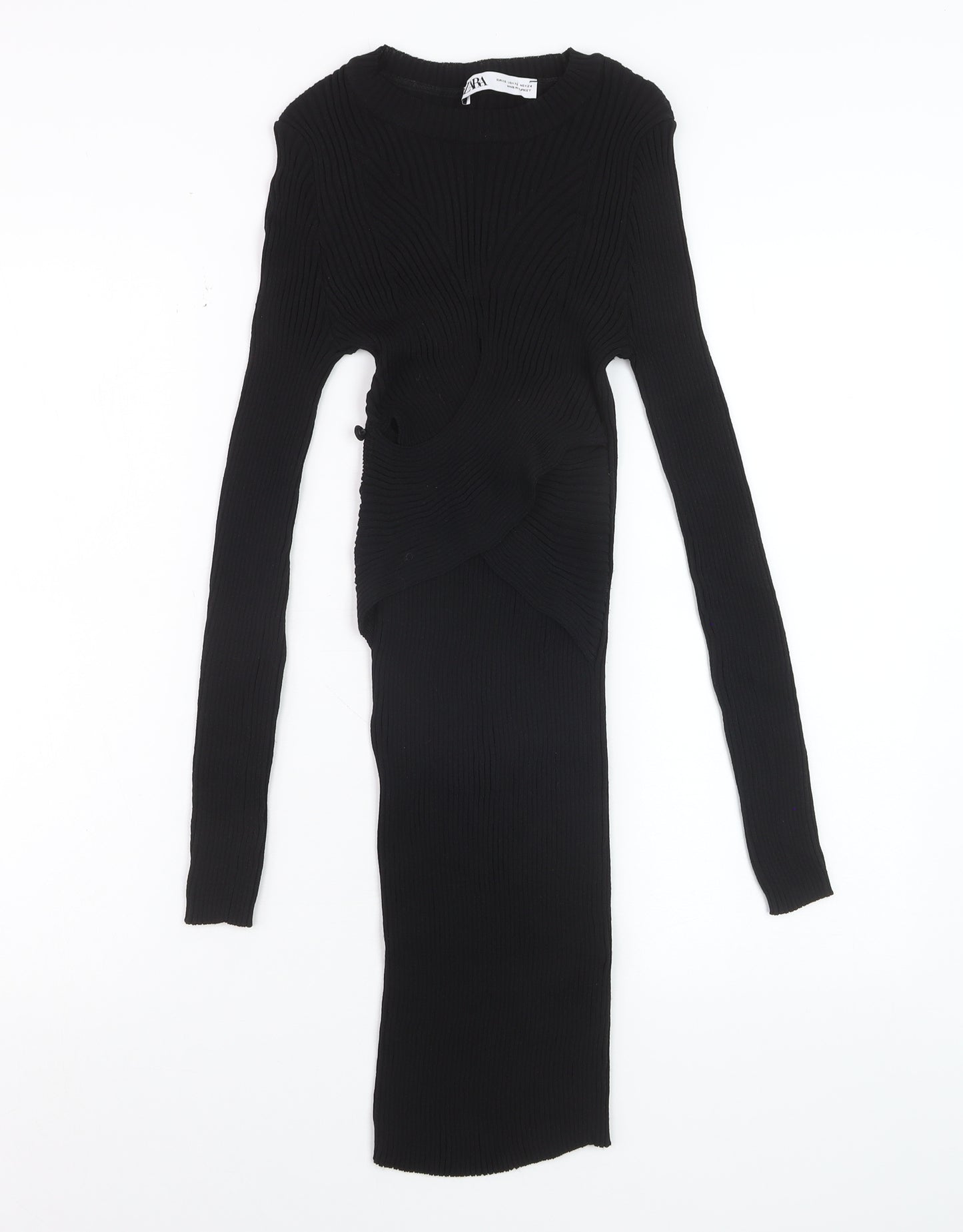 ZARA Women Black XS Bodycon Knit Cut Out Long Sleeve Midi Dress