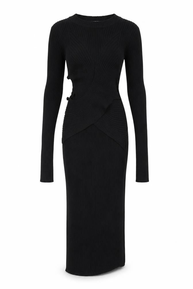 ZARA Women Black XS Bodycon Knit Cut Out Long Sleeve Midi Dress