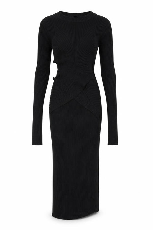 Front view of Zara Women Black XS Bodycon Knit Cut Out Long Sleeve Midi Dress