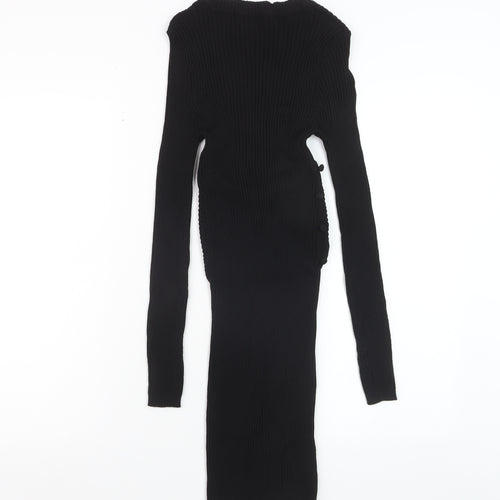 ZARA Women Black XS Bodycon Knit Cut Out Long Sleeve Midi Dress
