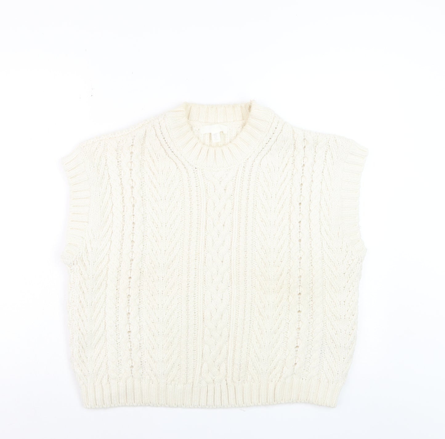 H&M Women Ivory Cable-Knit Sleeveless Mock Neck Vest Size 12