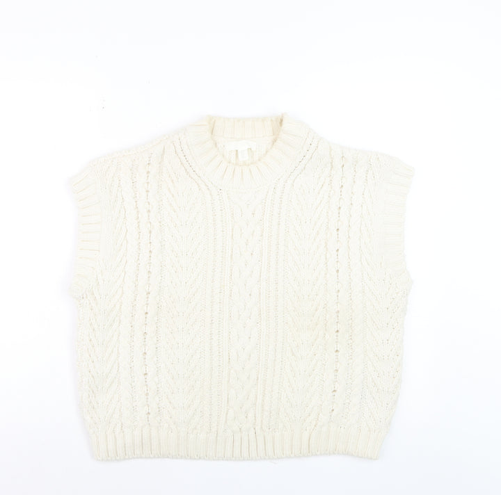H&M Women Ivory Cable-Knit Sleeveless Mock Neck Vest Size 12