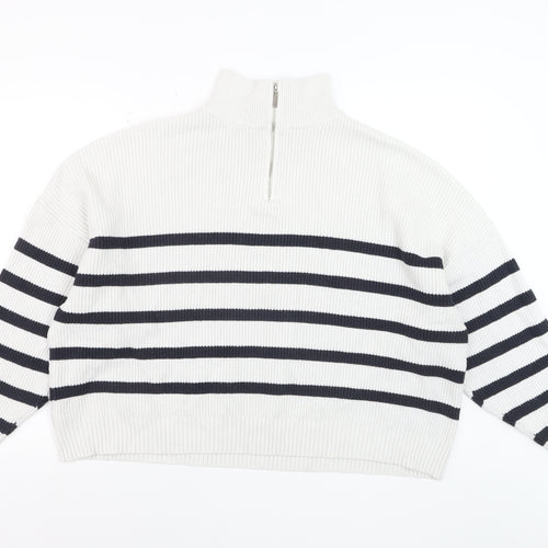 MNG Women’s White Striped Mock Neck 1/2 Zip Knit Jumper Size 14