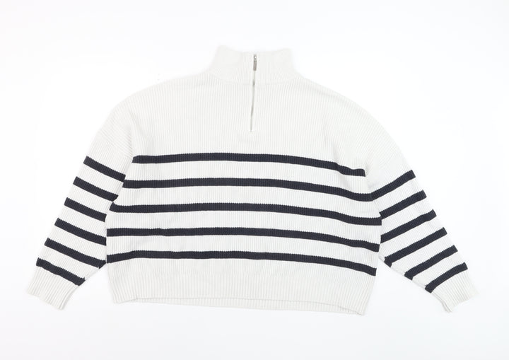 MNG Women’s White Striped Mock Neck 1/2 Zip Knit Jumper Size 14