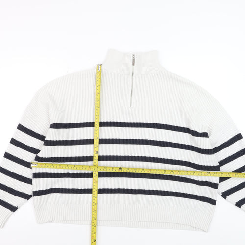 MNG Women’s White Striped Mock Neck 1/2 Zip Knit Jumper Size 14