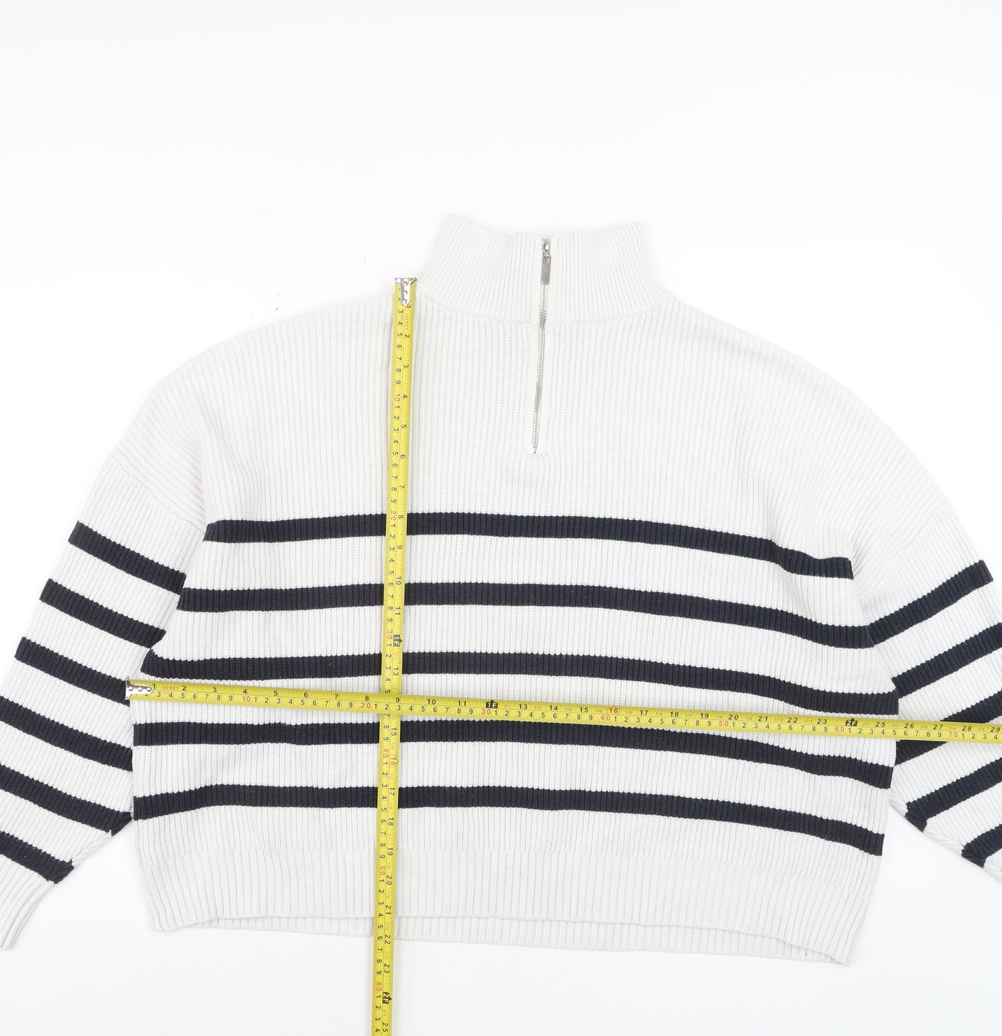 MNG Women’s White Striped Mock Neck 1/2 Zip Knit Jumper Size 14