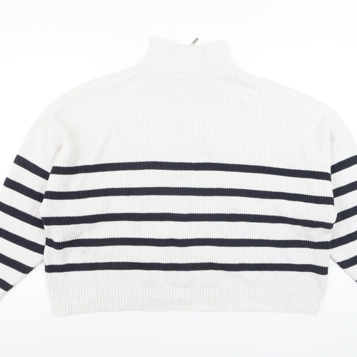 MNG Women’s White Striped Mock Neck 1/2 Zip Knit Jumper Size 14