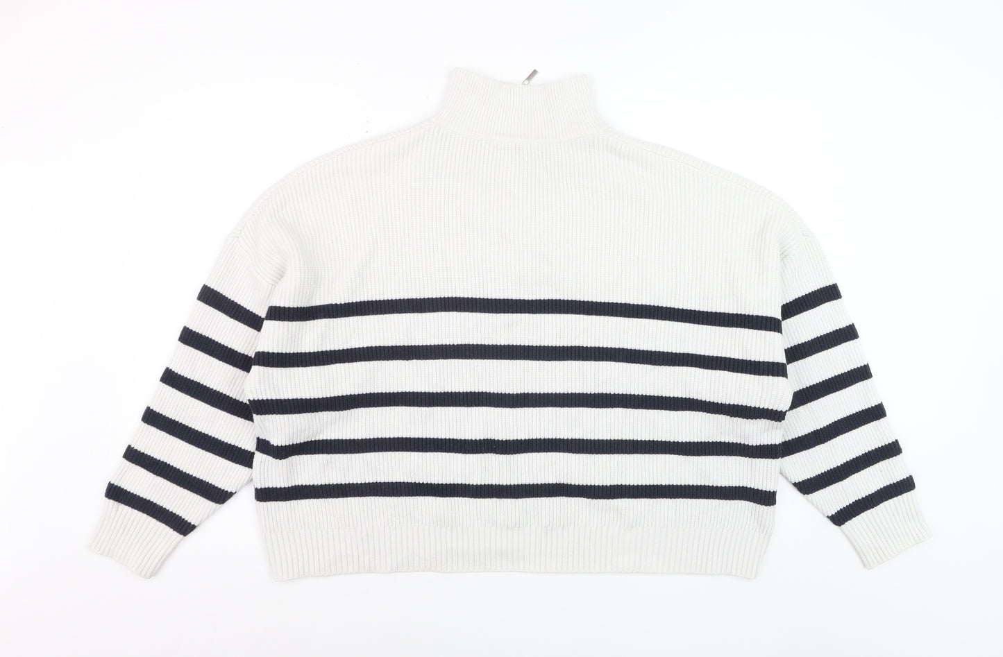 MNG Women’s White Striped Mock Neck 1/2 Zip Knit Jumper Size 14