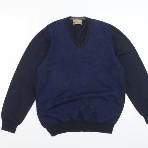 Marks and Spencer Mens Blue Wool Silk V-Neck Jumper Medium