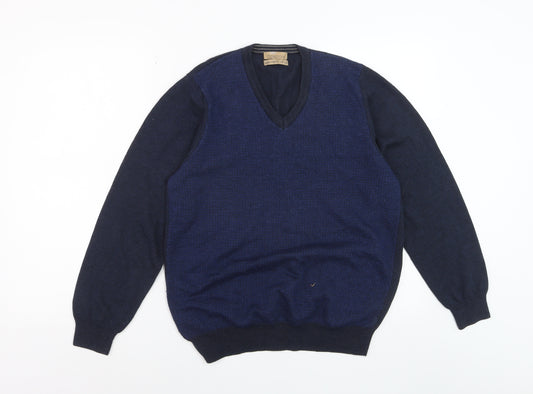 Marks and Spencer Mens Blue Wool Silk V-Neck Jumper Medium