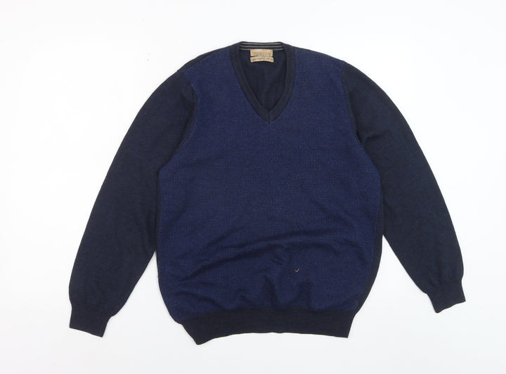 Marks and Spencer Mens Blue Wool Silk V-Neck Jumper Medium