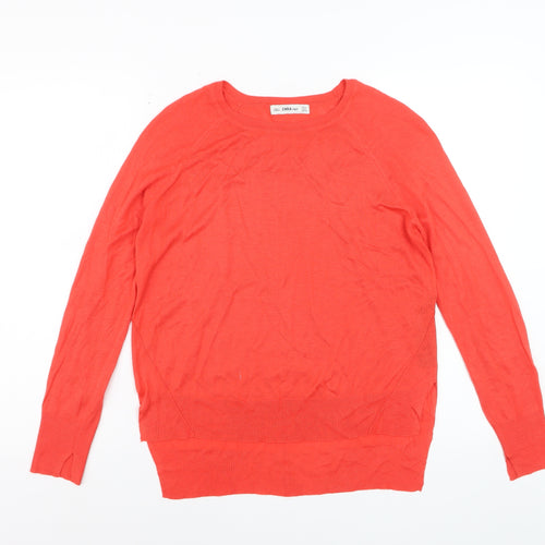 Zara Women Red Knit Crew Neck Long Sleeve Pullover Jumper Size S
