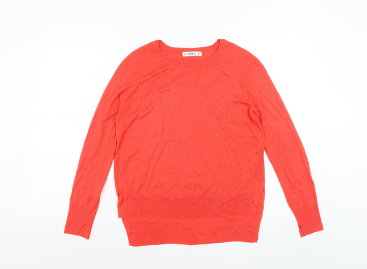Zara Women Red Knit Crew Neck Long Sleeve Pullover Jumper Size S