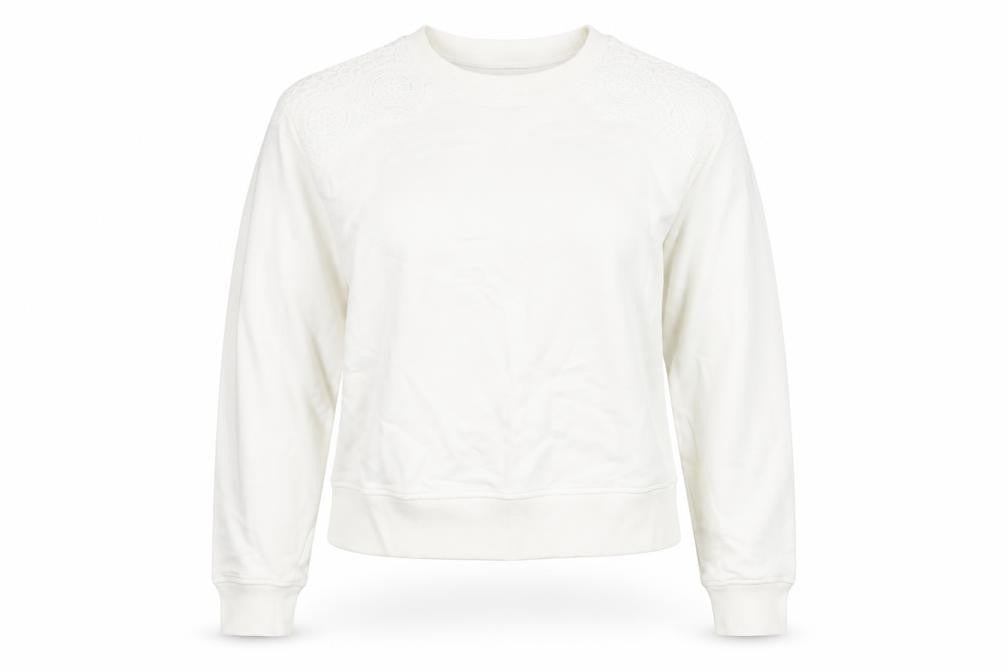 Front view of Papaya Women's White Cotton Lace Detail Pullover Sweatshirt, size S
