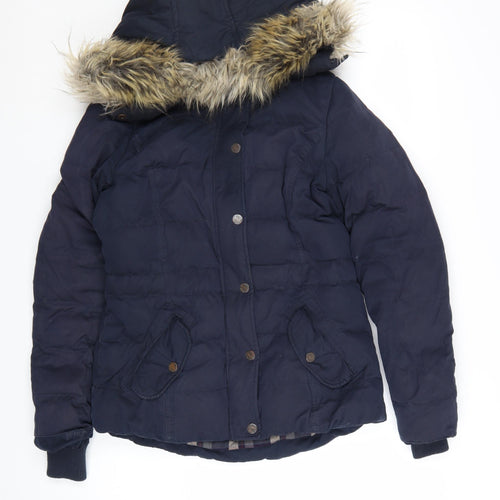 FatFace Women's Blue Faux Fur Hooded Puffer Jacket Size 8
