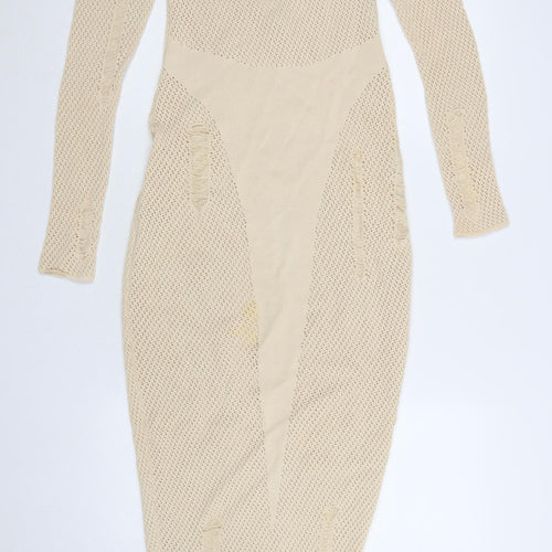 MURCI Women’s Beige Knit Bodycon Midi Dress Size M Long Sleeve V-Neck