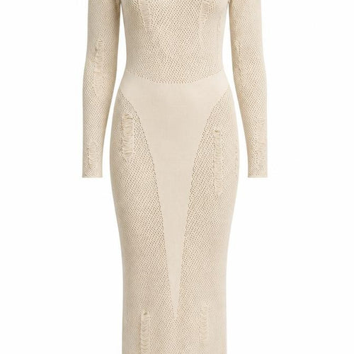 MURCI Women’s Beige Knit Bodycon Midi Dress Size M Long Sleeve V-Neck