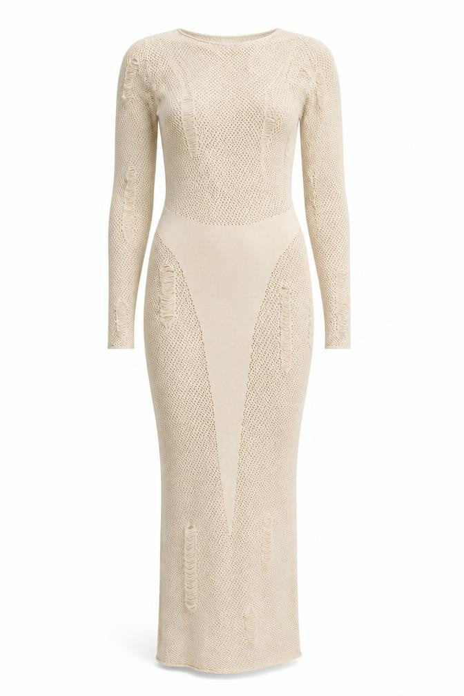 MURCI Women’s Beige Knit Bodycon Midi Dress Size M Long Sleeve V-Neck