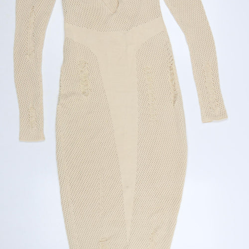 MURCI Women’s Beige Knit Bodycon Midi Dress Size M Long Sleeve V-Neck