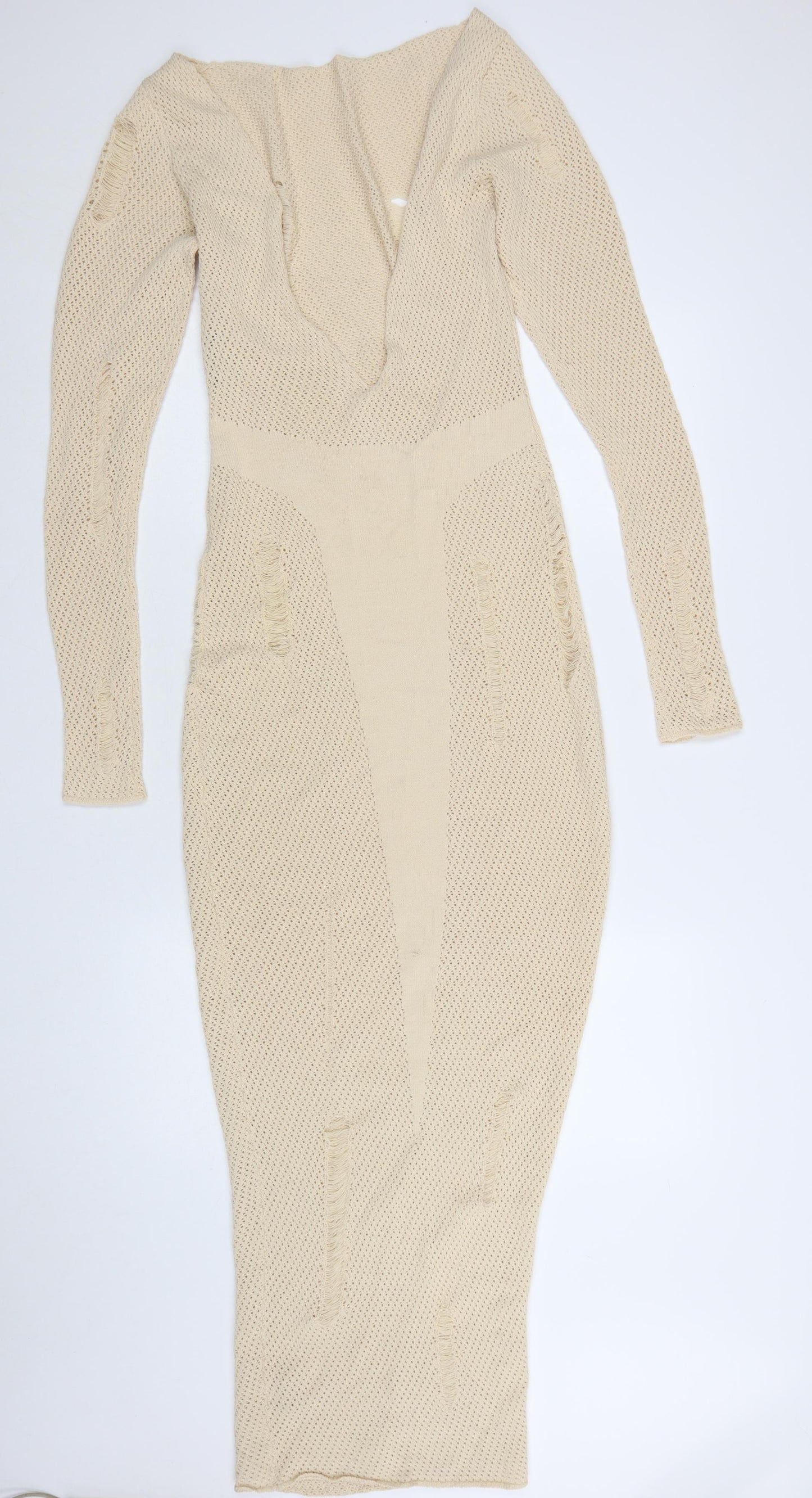 MURCI Women’s Beige Knit Bodycon Midi Dress Size M Long Sleeve V-Neck