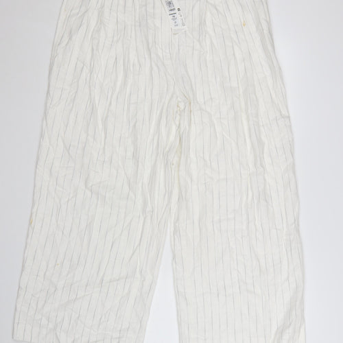 Marks and Spencer Women’s White Striped Wide-Leg Linen Trousers Size 16