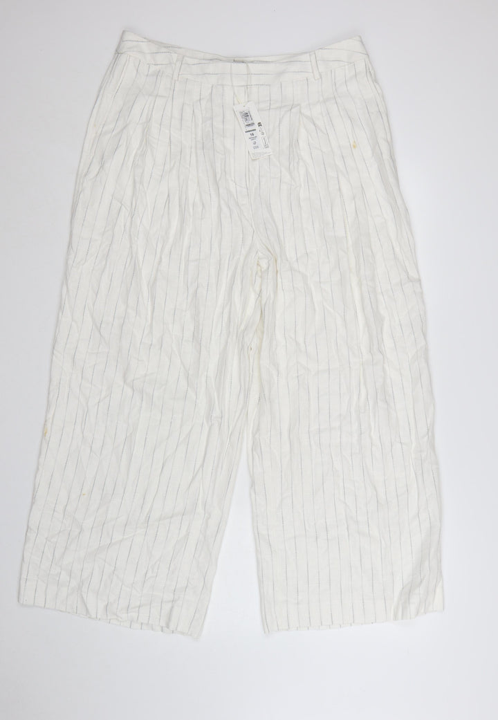 Marks and Spencer Women’s White Striped Wide-Leg Linen Trousers Size 16
