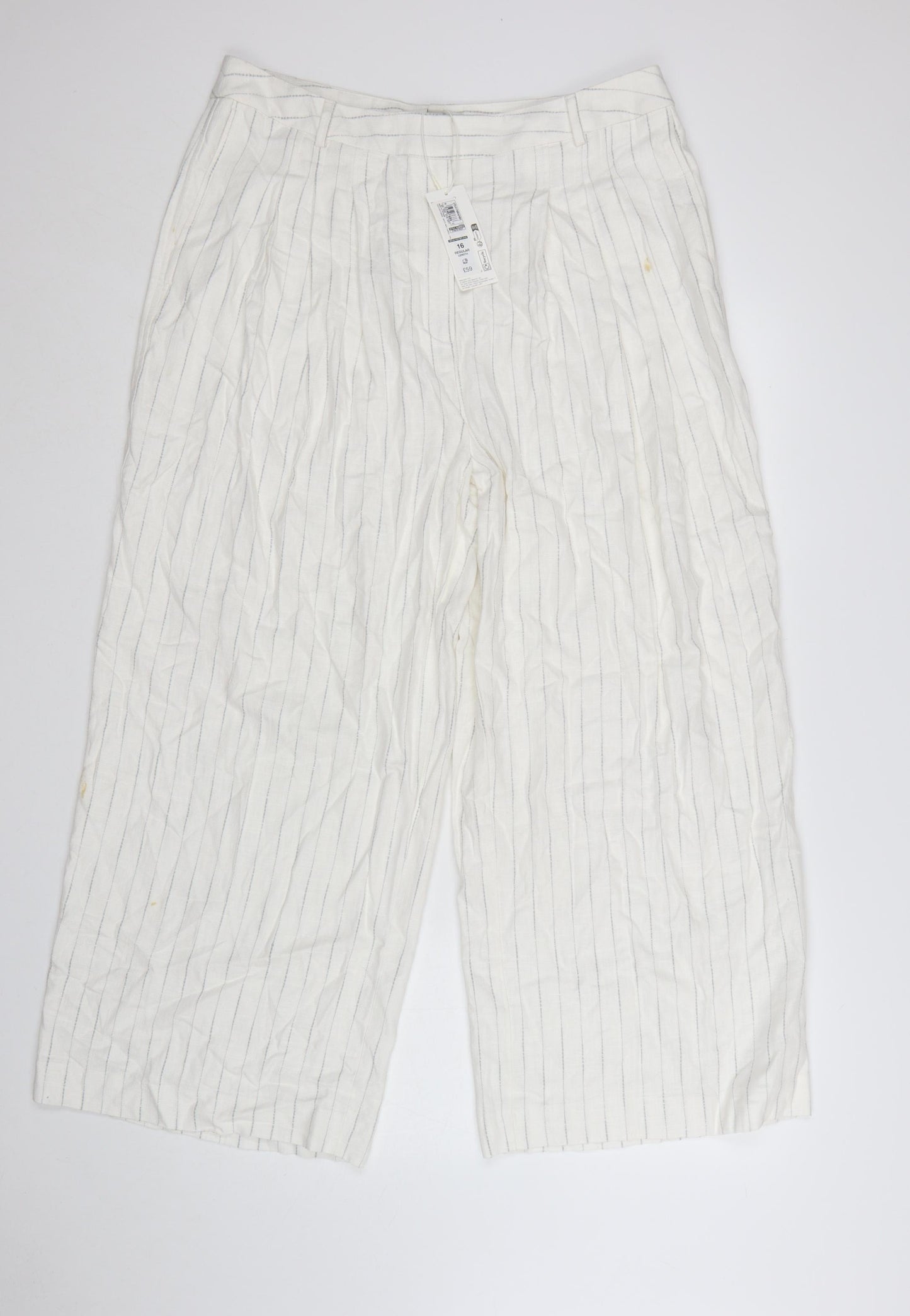 Marks and Spencer Women’s White Striped Wide-Leg Linen Trousers Size 16