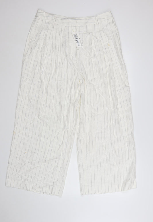 Marks and Spencer Women’s White Striped Wide-Leg Linen Trousers Size 16