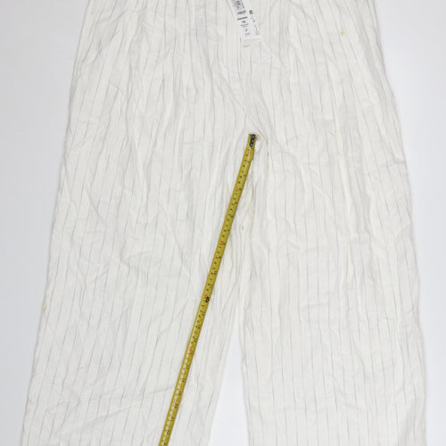 Marks and Spencer Women’s White Striped Wide-Leg Linen Trousers Size 16