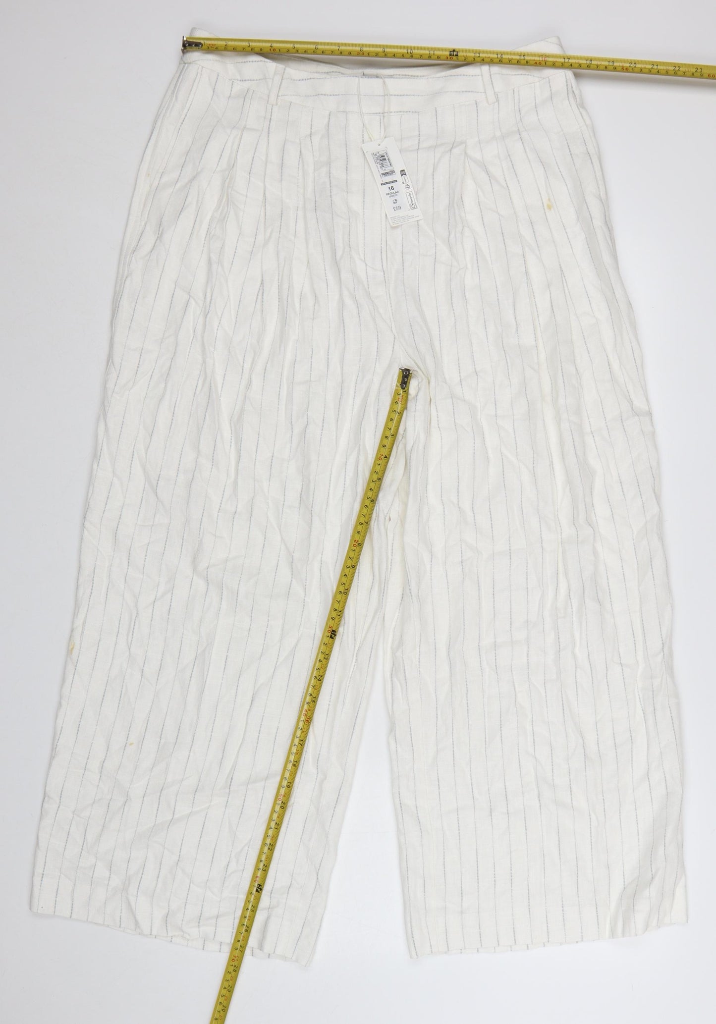 Marks and Spencer Women’s White Striped Wide-Leg Linen Trousers Size 16