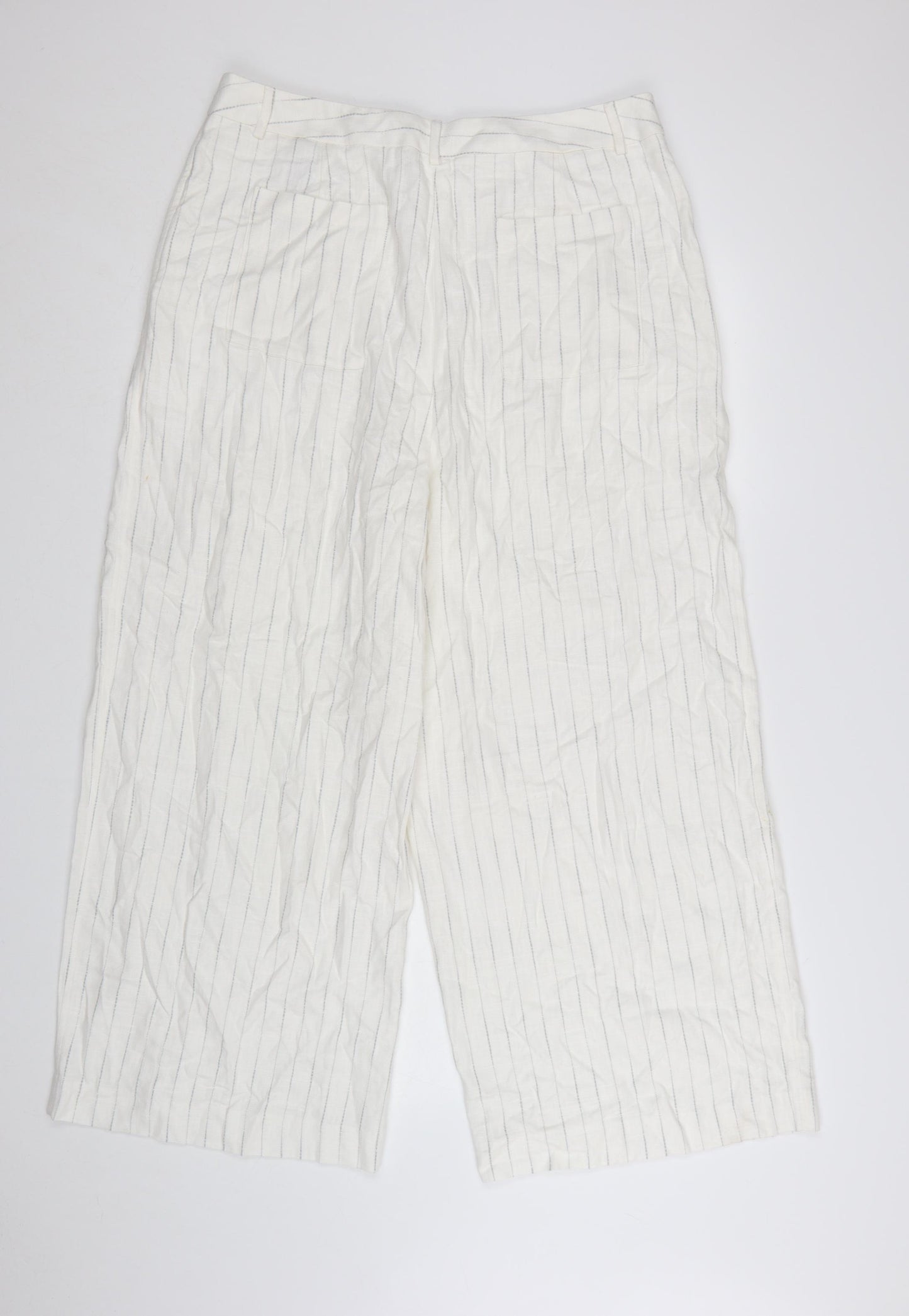 Marks and Spencer Women’s White Striped Wide-Leg Linen Trousers Size 16