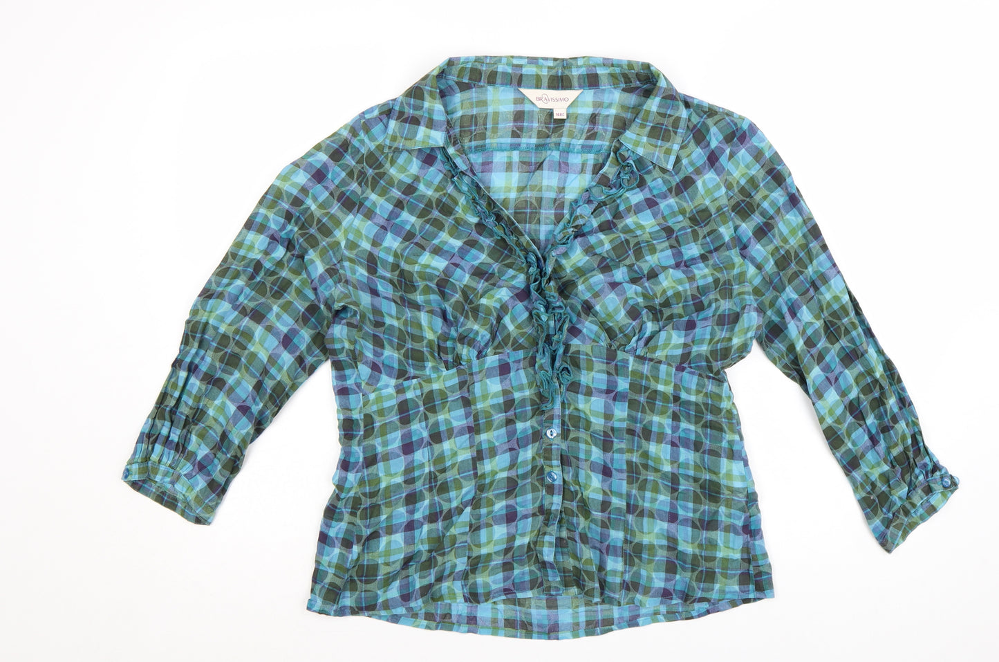 Bravissimo Women's Blue Check Cotton Ruffle Tunic Blouse Size 16