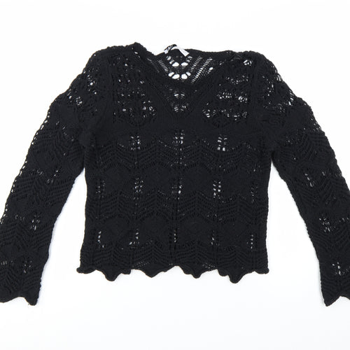 Zara Women Black Crochet Knit Long Sleeve V-Neck Jumper M