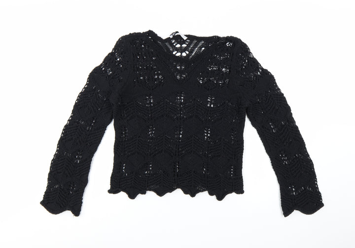 Zara Women Black Crochet Knit Long Sleeve V-Neck Jumper M